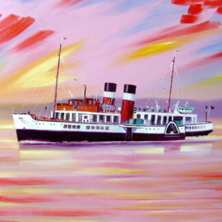 A vibrant painting of a classic paddle steamboat sailing on water with a colorful sky in the background. By Raymond Murray